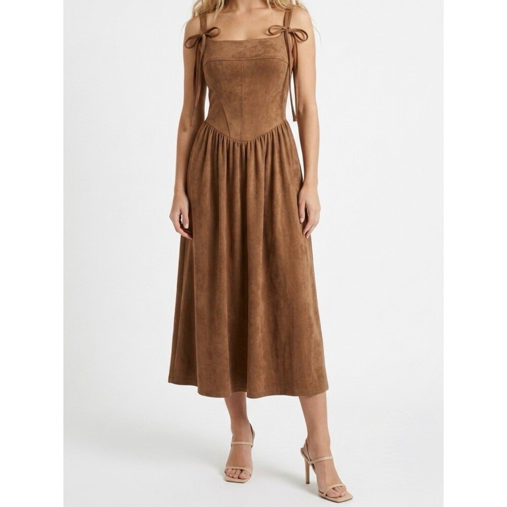 Moon River Faux Suede Corset Bodice Smocked Back A-Line Maxi Dress Women M Brown